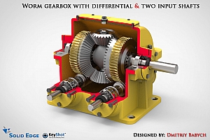 B 双输入差动蜗轮蜗杆减速器 三维立体数字模型 资料发邮箱 worm-gearbox-with-differential-two-input-shafts